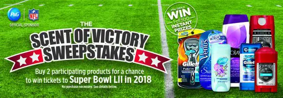 Play the Procter & Gamble Scent of Victory NFL Super Bowl Instant Win Game for your chance to win tickets to Super Bowl LII in 2018 and one of 500 instant prizes!