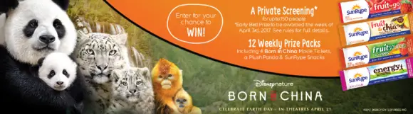 Vote for your favorite Disney Nature Born in China animal for a chance to win a private movie screening, movie tickets, SunRype Snacks and More!