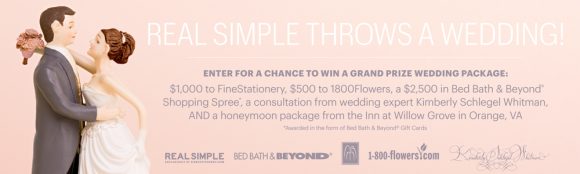 One grand prize winner will receive a honeymoon package at The Inn at Willow Grove worth over $7,700 in The REAL SIMPLE Throws a Wedding Sweepstakes