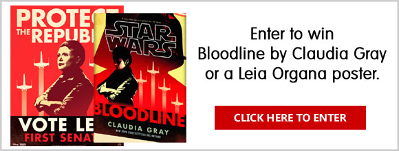 Read It Forward is giving away 100 copies of Bloodline by Claudia Gray. Twelve grand prize winners will also receive a double-sided Leia Organa poster!