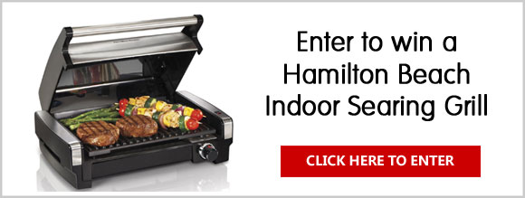 Enter for your chance to win a Hamilton Beach Indoor Searing Grill. The indoor grill is perfect for people that enjoy grilling but lack the time or space for a charcoal or gas grill. The searing grill's high-heat searing temperature locks in juices and flavor, giving your meat better taste, texture, and appearance. Its unique hooded design helps keep in flavor to give your food that authentic outdoor grilled taste.