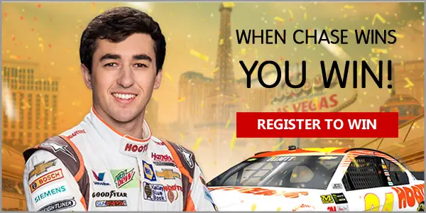 When Chase Elliott wins, you win free Hooters food coupons all racing season long - like free MTN DEW when the No. 24 Chevy finishes in the Top 5, and free select appetizers when he takes first place. Plus, you might win a trip for you and a friend to meet Chase Elliott at the Hooters Casino in Las Vegas.