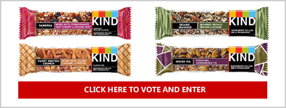 Vote for your favorite KIND bar flavor for your chance to win two Free bars of the winning flavor - Sangria, Sesame Seaweed, Sweet Pretzel Crunch, or Spiced Fig 