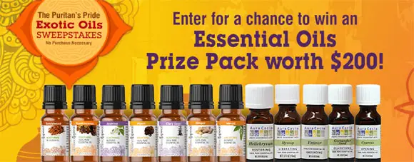 Enter for your chance to win exotic essential oils from Puritan's Prides. Enter daily and when you enter you will also receive a $10 off coupon for your next Puritan's Pride purchase