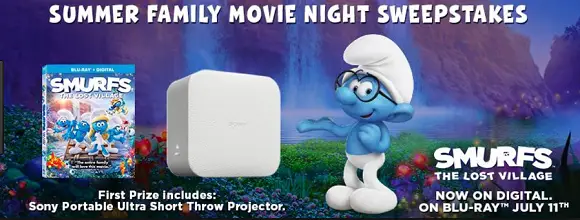 Enter the Smurfs: The Lost Village Ultimate Summer Movie Night Sweepstakes for your chance to win a Sony Portable Projector and Smurfs The Lost Village on Blu-Ray