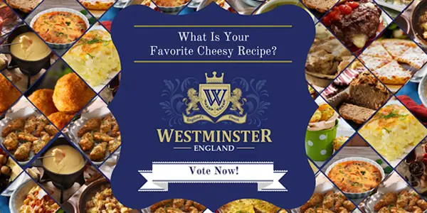 Enter for your chance to win a Kitchen Aid Artisan Series 5 Quart Tilt-Head Stand Mixer and a sampler pack of Westminster non-GMO Sharp Cheddar. Vote For Your Favorite Cheesy Recipe to WIN!