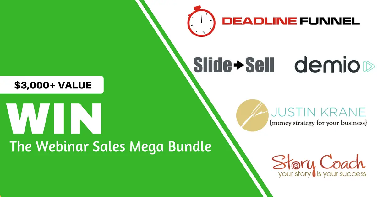 Calling all business owners and online money makers. Enter for your chance to win the Ultimate Webinar Sales Mega Bundle with over $3,000 in Prizes including FREE Subscriptions to Demio, Deadline Funnel, Slide Sell and MORE!