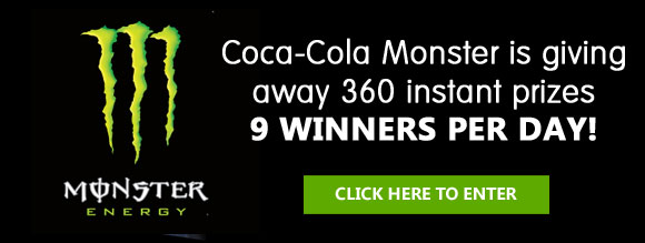 Coca-Cola Monster is giving away 360 instant prizes - 9 per day and you could be one of the daily winners. Play now and you'll also be entered for a chance to win your very own Traxxas Aton™ Quadcopter Drone. What are you waiting for?
