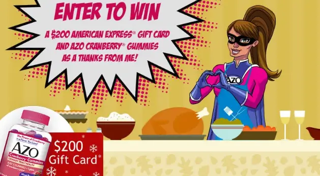 Enter my AZO Gives Thanks Sweepstakes for a chance to win a $200 American Express gift card and a bottle of my AZO Cranberry Gummies PLUS 50 others will win a bottle of AZO Cranberry Gummies