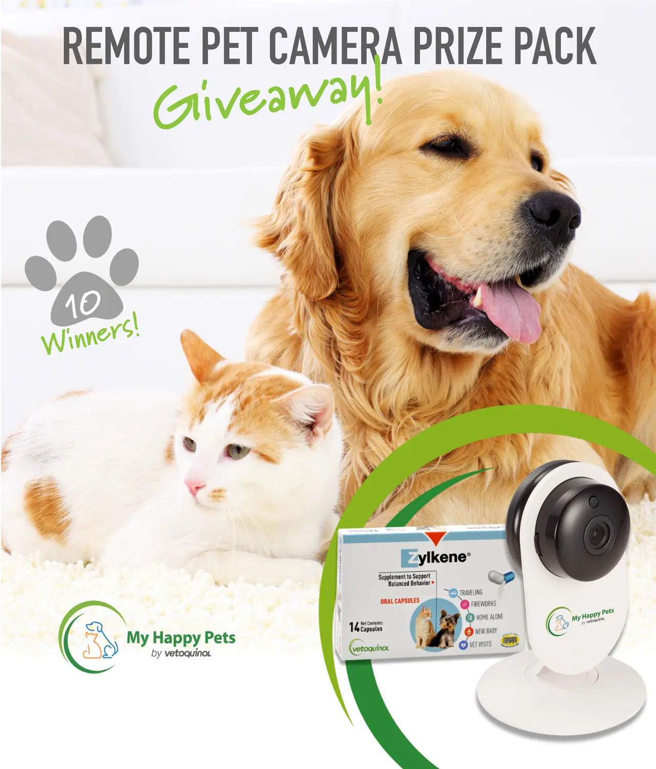 My Happy Pets Remote Pet Camera Giveaway - Ten (10) winners will each receive remote pet camera and a 30-day supply of Zylkene calming supplements for their cat or dog, retailed at approximately $130 US each