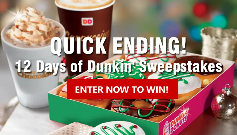 12 Days of Dunkin' Sweepstakes is now live and you have the chance to win a Rock Flight trip for two to a Live National concert or 1 of 11 Ticketmaster gift cards for the concert of your choice. Enter with any Dunkin Donuts purchase using the Dunkin Donuts app or enter without purchase by email.