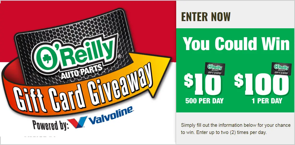 Play the O'Reilly Automotive Stores Gift Card Instant Win Game daily and you could win a $10 or $100 O'Reilly Auto Parts gift card. O'Reilly Auto Parts opened it's doors in 1957 and now has 4,935 locations throughout the United States