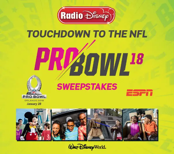 One Radio Disney grand prize winner will kick off the new year with one touchdown of a prize! You could be headed to Walt Disney World Resort in Florida and the Pro Bowl to watch NFL stars practice at the ESPN Wide World of Sports Complex, experience all 4 Disney Theme Parks including a visit to Disney’s Hollywood Studios, where you can live your Star Wars adventure. And don’t forget to watch the 2018 NFL Pro Bowl, January 28th on ESPN and ABC.