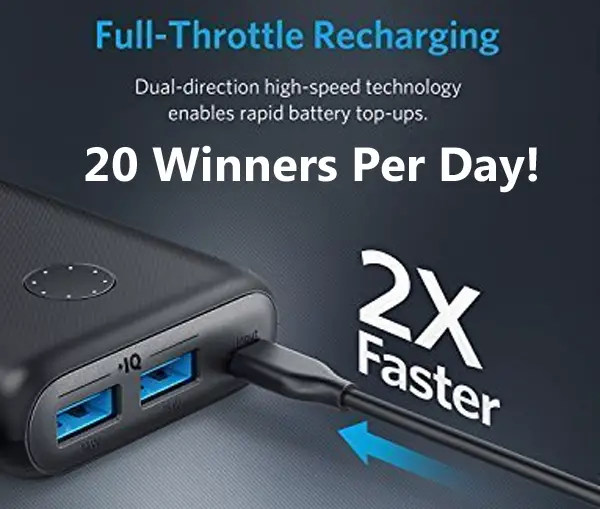 Enter for your chance to win one of the 20 daily Anker PowerCore II Portable Chargers with Dual USB Ports. The Ultra-High Capacity Portable Charger with Upgraded Compatibility