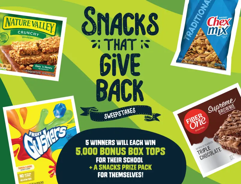 Enter for your chance to win 5,000 Bonus Box Tops for your school in the BoxTops4Education Snacks That Give Back Sweepstakes
