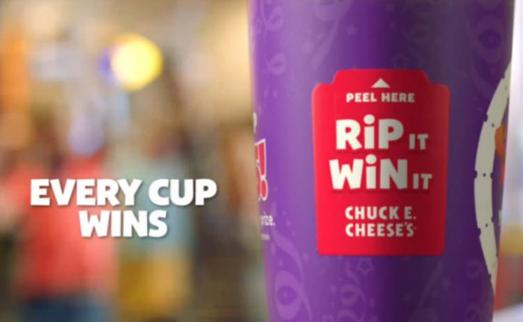 The next time you visit a Chuck E. Cheese's, purchase a specially marked 18-ounce adult-size beverage cup for your chance to win from over 6 million prizes in the Chuck E. Cheese's Rip It, Win It. Play It Instant Win Game. If you don't get the chance to stop by a Chuck E. Cheese's, there is an option to send away for  game piece for your chance to win.