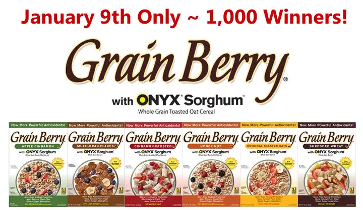 The first 1,000 people to enter on January 9, 2018 at 12pm ET will receive a coupon redeemable for ANY box of Grain Berry cereal!