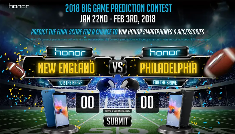 Predict the final score of the Super Bowl for your chance to win Huawei smartphones, Huawei Honor Bands (Fitness trackers) and Huawei Earphones