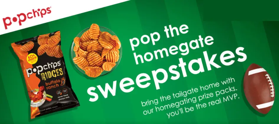 Bring the tailgate home with homegating prize packs from Popchips. Enter to win a $500, $1,000 or $3,000 prize pack in the Popchips Pop A Homegate Sweepstakes