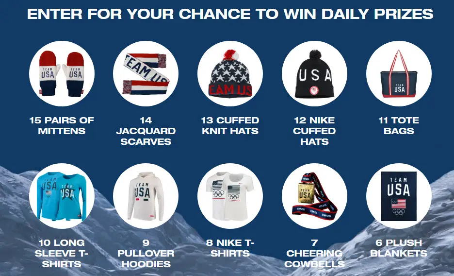 Play the Team USA Countdown to Winter Olympics Instant Win Game daily for your chance to win daily prizes. Each time you play you'll be entered to win the grand prize - a VIP trip to the Team USA Awards: Best of the Games presented by Dow in Washington, DC!