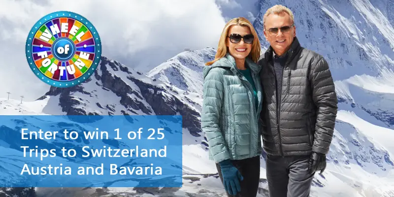 Enter the Wheel Of Fortune Swiss Holiday Giveaway and you could win one of 25 Switzerland, Austria and Bavaria trip vacations. Visit Sweeties Sweeps for the daily Wheel of Fortune Swiss Holiday daily puzzle answers and tune in to Wheel Of Fortune to see who wins.