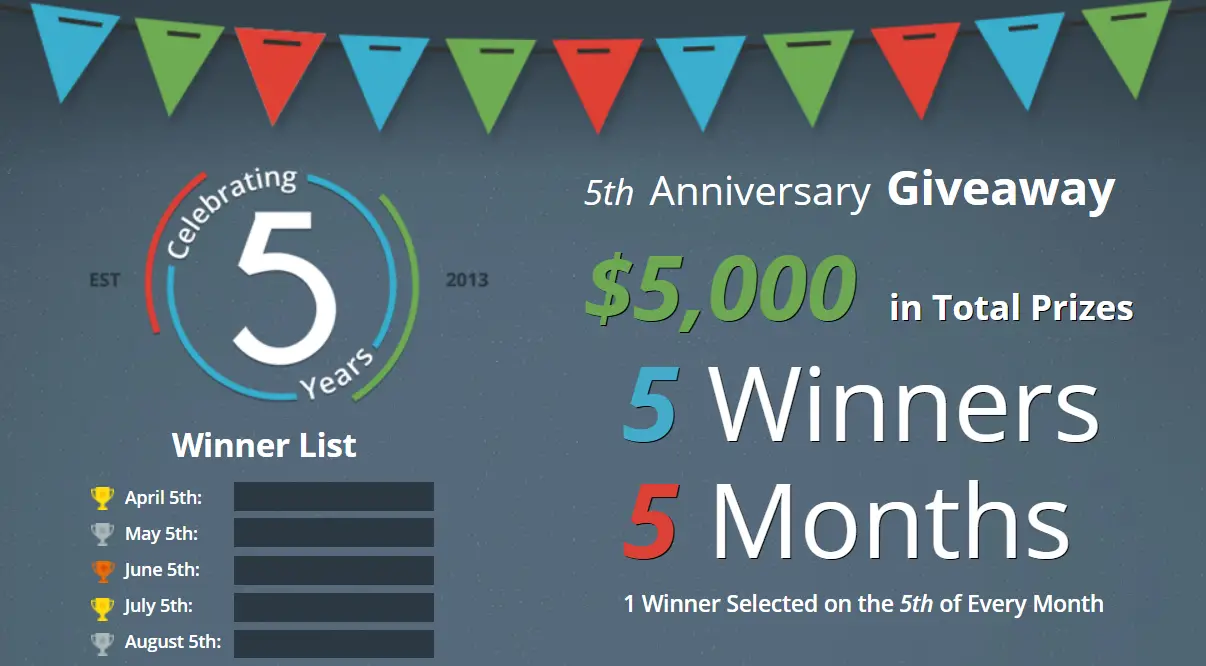 Debt.com is celebrating 5 years of getting people out of debt by awarding 5 lucky winners a total of $5,000 in their 5th Anniversary Giveaway! Do you want to start your Spring fresh out of debt? Debt.com will be selecting one lucky winner on the 5th of each month to win $1,000 starting April 5th. Click Here to Enter | Official Rules Official Rules: Open to United States; 18 years of age and older. Begins on February, 23 2018 at 5:45 PM (est) and ending August 5, 2018 at 11:59 PM. All online entries must be received by August 5, 2018 at 11:59 PM. Drawing Date: after the giveaway is over. Entry Limit: one entry per person + bonus entries for sharing and completing other activities. Debt.com will select one lucky winner on or about the 5th of each month to win a $1,000 individual prize, beginning on or about April 5, 2018 and each subsequent month with the final drawing to occur on or about August 5, 2018. Winners will only be eligible to win one Individual Prize of $1,000 USD One (1) Grand Prize (one per month): $1000 in cash