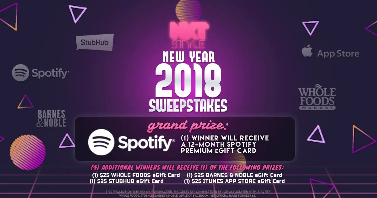 Enter for your chance to win a Free 12-month Spotify Premium e-Gift Card or one of four other gift cards in the NXTSTYLE New Year Sweepstakes.