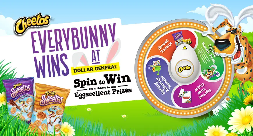 Enter your Dollar General Cheetos code for a chance to spin the wheel and win Eggscellent Prizes from Chester.