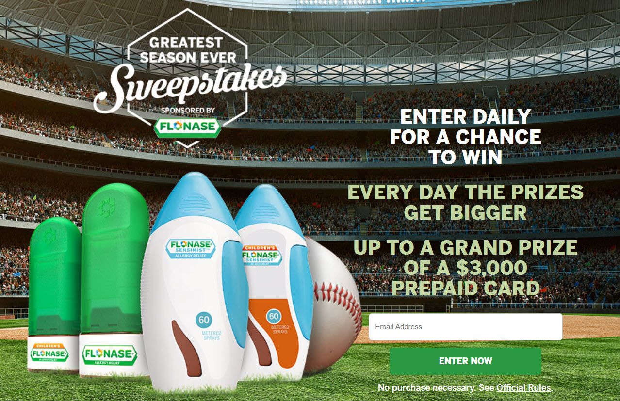 Enter the Flonase Greatest Season Ever Sweepstakes daily for a chance to win pre-paid cards up to $1,000 in value everyday