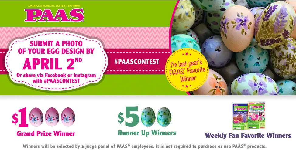 Submit a photo of your Easter egg design by April 2nd with @PaasContest for your chance to win cash and Free PAAS Easter Egg Decorating kits
