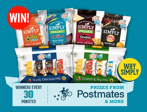 Score one of 2,616 prizes from Simply Orange and Postmates. Get free game codes on specially-marked bag of Simply Chips and then play to win.