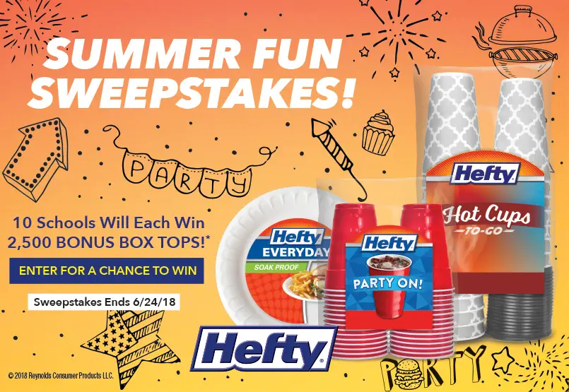 10 schools will each win 2,500 Free Bonus Box Tops for Education. Enter the Box Tops for Education Hefty Summer Fun Sweepstakes to help you school win