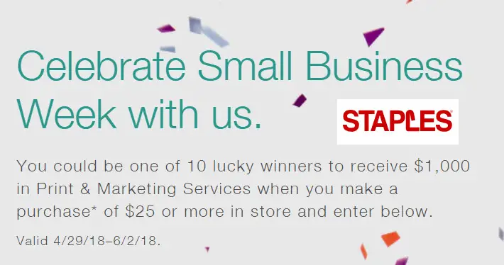 You could be one of 10 lucky winners to receive $1,000 in Staples Print & Marketing Services when you enter the Staples SMB Week Sweepstakes