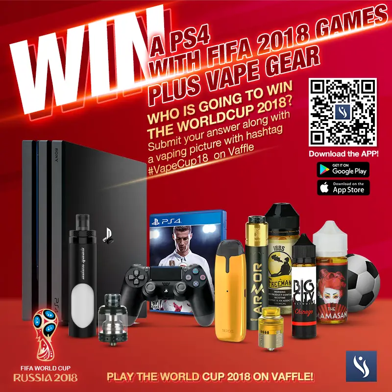 Enter for your chance to win PS4, FIFA 18, vape gear and more than 1000 ml of juice in Premium e-liquid. The World Cup 2018 is fast approaching! Are you counting down the days? Enter The Vaffle #VapeCup18 contest fpor your chance to win. Guess which team will win World Cup 2018 to enter.