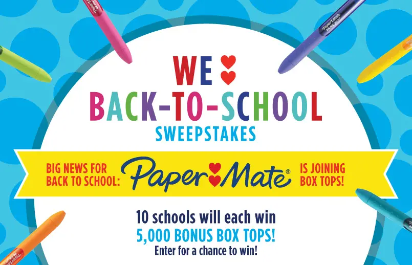 Big news from Papermate for back to school. PaperMate is joining BoxTops4Education. 10 schools will win 5,000 bonus Box Tops!