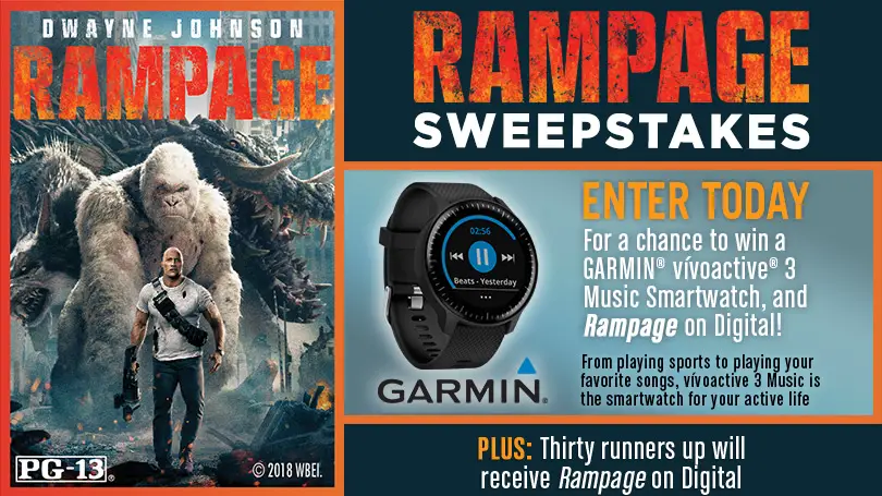 Enter for your chance to win a Garmin Smartwatch or one of 30 copies of Rampage in 4K Ultra HD