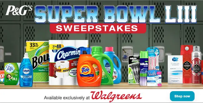 Enter for your chance to win 1 of 3 trips to Super Bowl LIII in 2019 from P&G. Winning trips include a 3-day/2-night trip for winner and one guest to Atlanta, GA to attend Super Bowl LIII