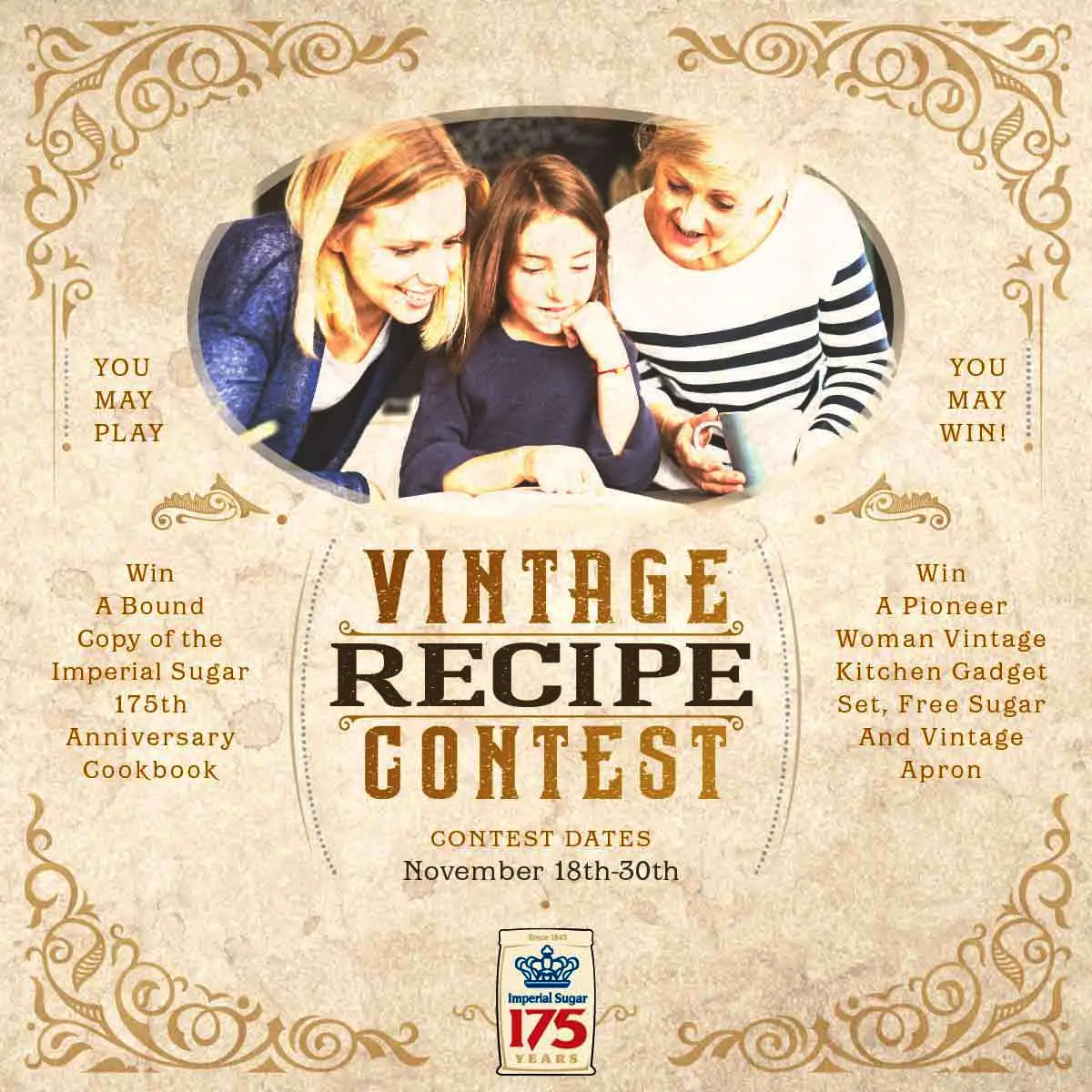 Fifty Imperial Sugar and Dixie Crystals winners will each receive a bound copy of the limited edition of the Imperial Sugar 175th Anniversary Cookbook or Dixie Crystals 100th Anniversary Cookbook, a Pioneer Woman Vintage Kitchen Gadget Set, and more!