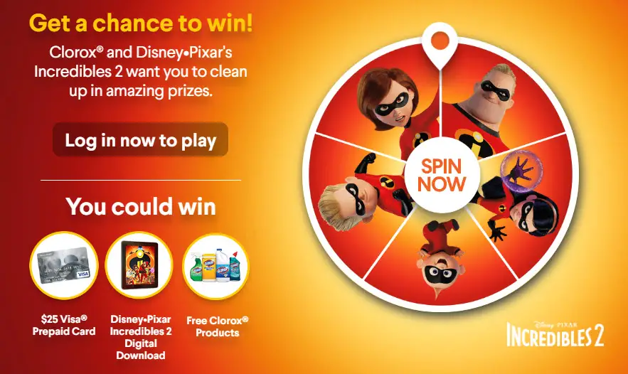 Clorox and Disney Pixar's Incredibles 2 want you to clean up in amazing prizes. You could instantly win a $25 Visa Prepaid Card,  DisneyPixar Incredibles 2 Digital Download, or free Clorox products.