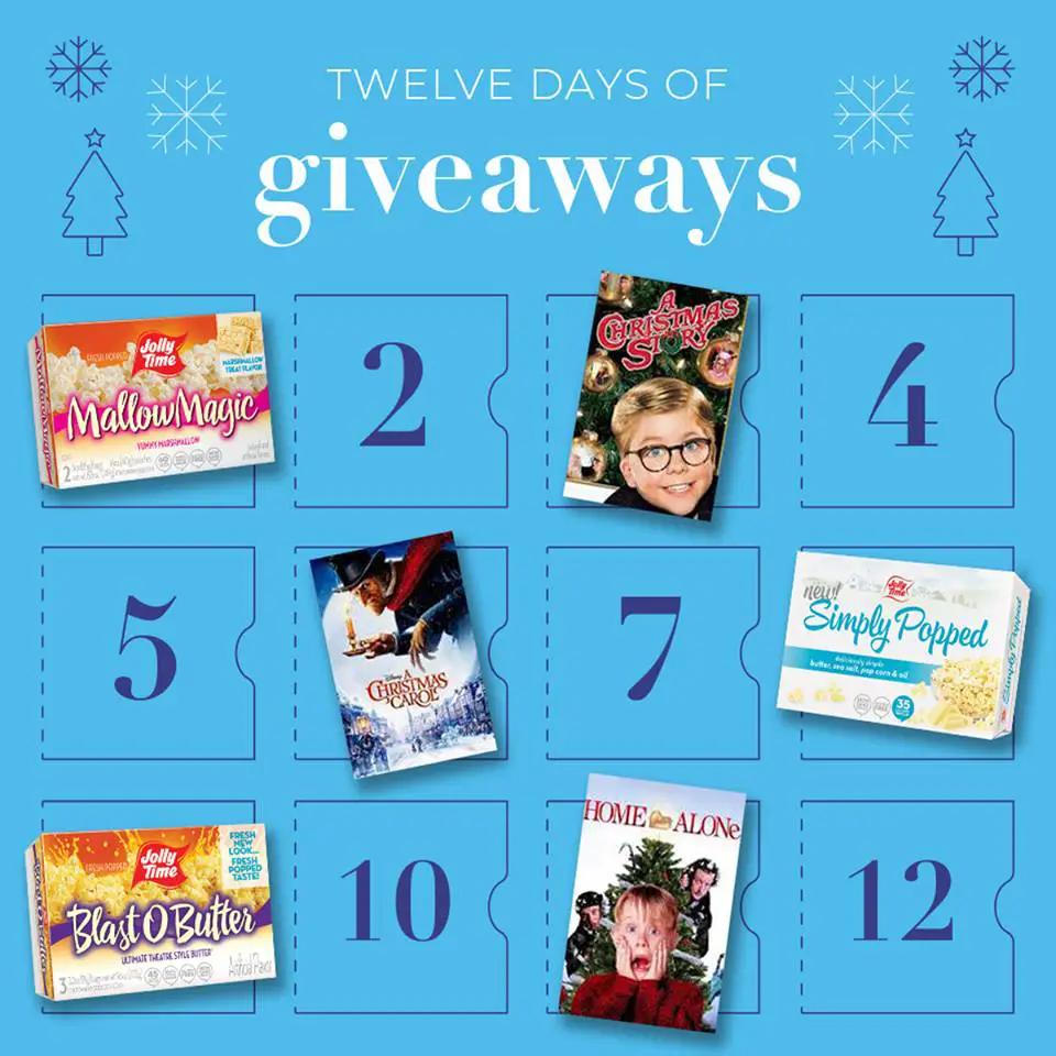 Comment on the daily Jolly Time popcorn giveaway post to win prizes in the Jolly Time Popcorn's 12 Days of Giveaway