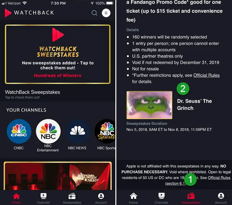 NBC Watchback Sweepstakes. Watch TV and win!