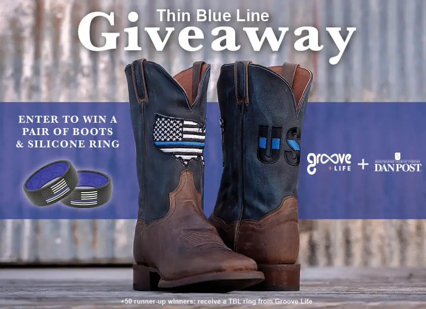 One Country is giving away a pair of Dan Post Mens Thin Blue Line leather Boots and 50 Thin Blue Line Ring from Groove Life Company, the Worlds First Breathable Silicone Ring