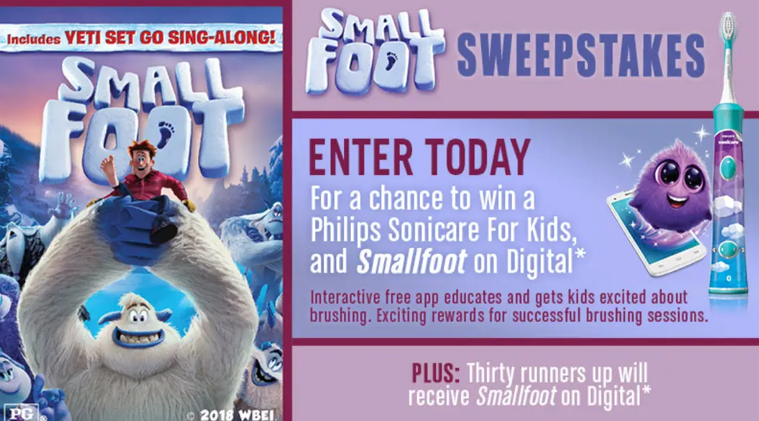 Enter the Warner Bros Smallfoot Sweepstakes for your chance to win a Philips Sonicare For Kids and Smallfoot the movie on Digital.