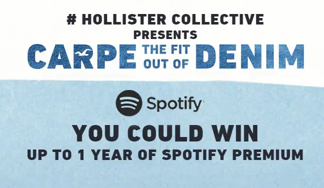 Three hundred and seventy-five winners will win Free Spotify Premium Service from Hollister Co. Purchase a pair of Hollister jeans or send your entry in the mail for a chance to win!