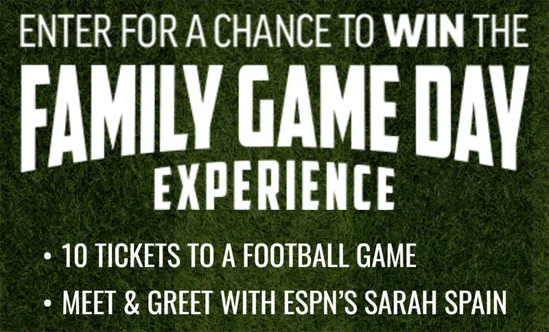 Enter to win the ultimate family game day experience. Watch your favorite football team on your new 60" LED HD Tvs, listen on your 800 watt PA sound system, play Xbox and your favorite tailgating games, and buy all of the snacks you need with your $750 cash prize!