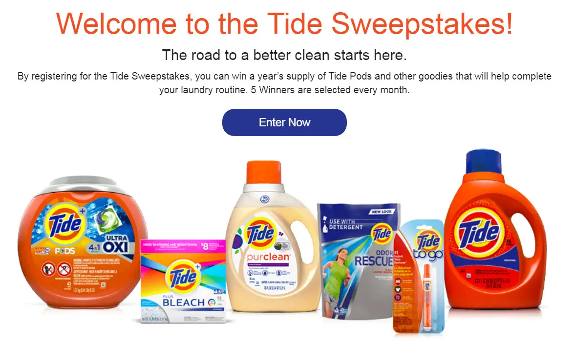 By enter the Tide Sweepstakes, you can win a year’s supply of Tide Pods and other goodies that will help complete your laundry routine. 5 Winners will be selected every month.