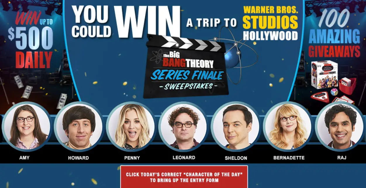 Grab today's Big Bang Theory sweepstakes code and enter for your chance to win a trip for two to the Big Bang Theory Series Finale in Los Angeles, CA or one of 110 other prizes.
