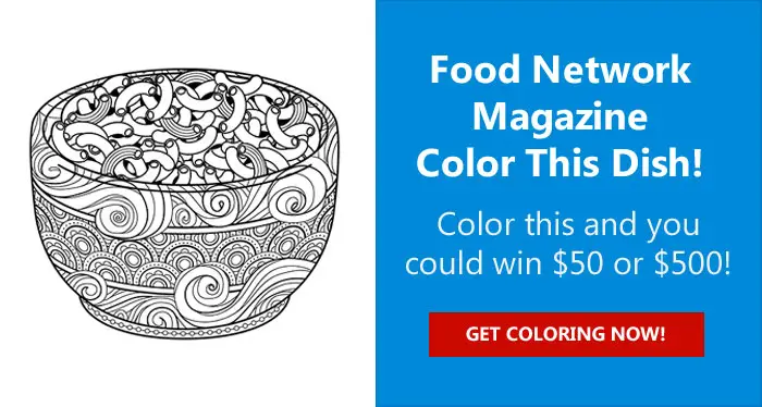 Color the Food Network coloring page of bowl of mac and cheese and you could win $500!  The grand prize winner will receive $500 and three runners-up will each receive a $50. 