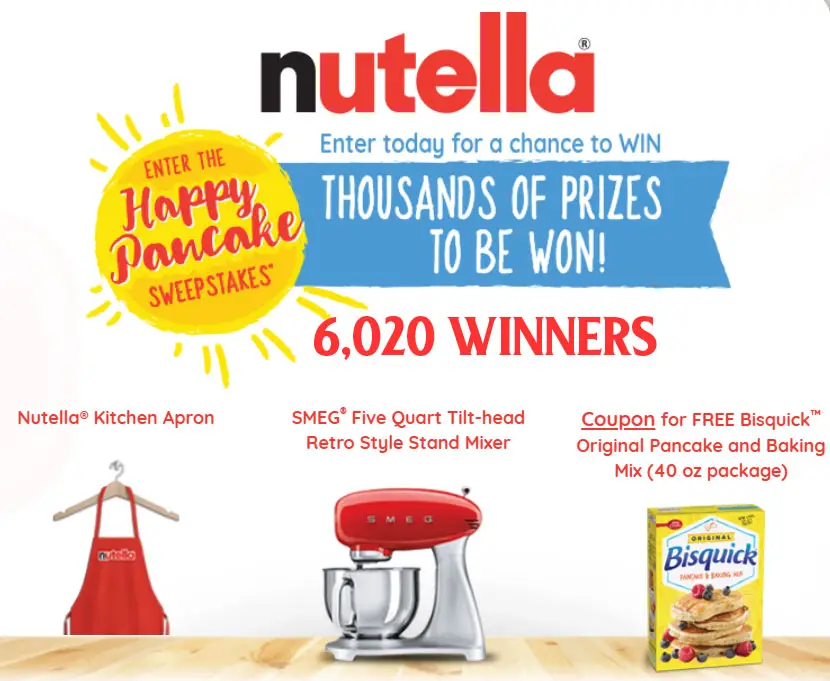 Grab your Nutella game code and play for your chance to win 1 of 6,020 prizes that include SMEG Five Quart Tilt-head Retro Style Stand Mixers, Nutella Kitchen Aprons and Free Coupons for FREE BisquickOriginal Pancake and Baking Mix (40 oz package)