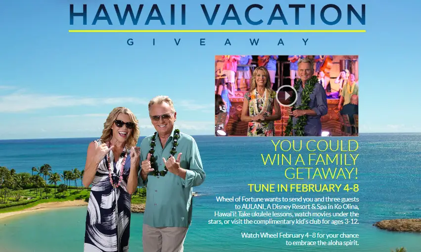You could win a family getaway from Wheel of Fortune. Wheel of Fortune wants to send you and three guests to AULANI, A Disney Resort & Spa in Ko Olina, Hawai'i! Take ukulele lessons, watch movies under the stars, or visit the complimentary kid's club for ages 3-12. Watch Wheel February 4–8 for your chance to embrace the aloha spirit.